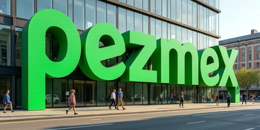 a large green sign that says pezmex on the side of a building with people walking by, Bela Čikoš S
