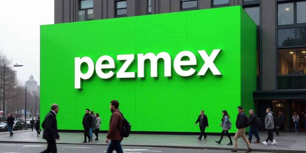 a large green sign that says pezmex on the side of a building with people walking by, Constant Perme