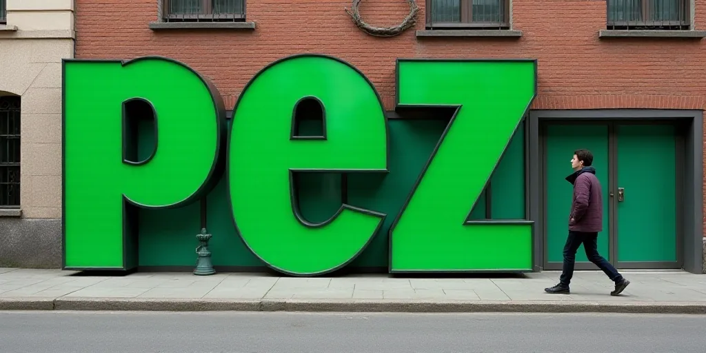 a large green sign that says pez next to a building with a person walking by it on a sidewalk, Const