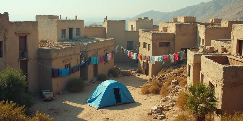 a large group of buildings with clothes hanging on the clothesline and a blue tent in the middle of