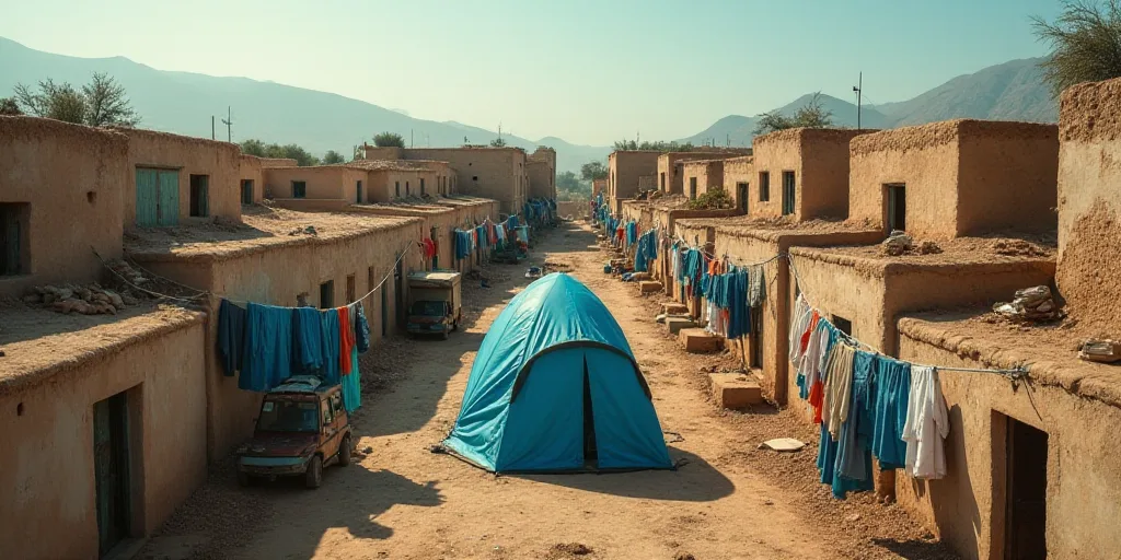 a large group of buildings with clothes hanging on the clothesline and a blue tent in the middle of