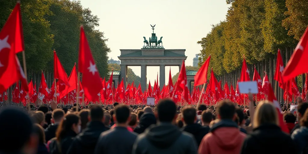 a large group of people holding flags and signs in a street with trees in the background and a build