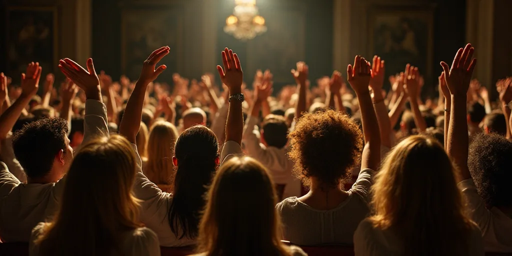 a large group of people sitting in a room with their hands up in the air and clapping to someone, Ad