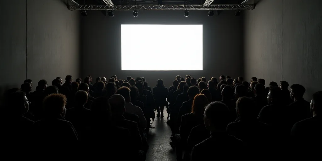 a large group of people sitting in chairs in front of a stage with a large screen on it's wall, Fede