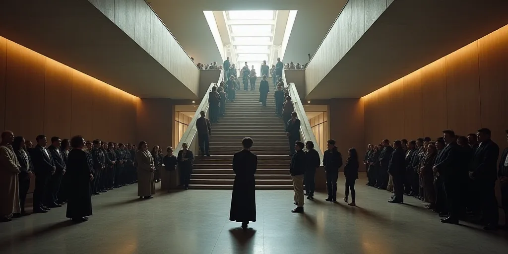 a large group of people standing in a building together for a photo in front of a staircase and a la