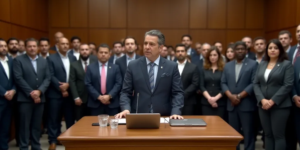 a large group of people standing around a conference room with a podium and a laptop on it's side, F
