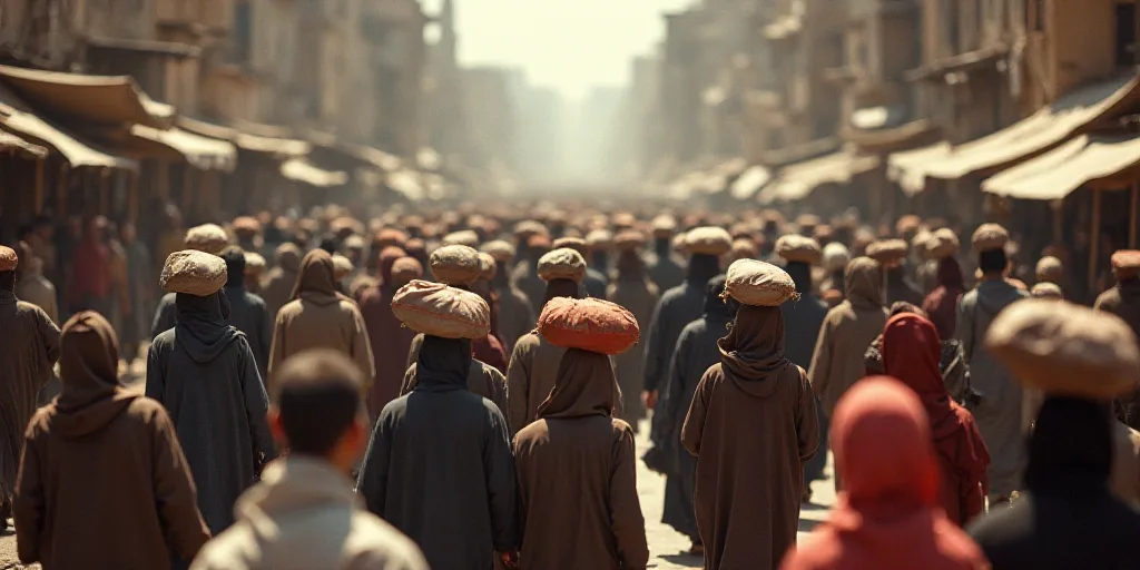 a large group of people walking down a street with bags on their heads and a crowd of people walking