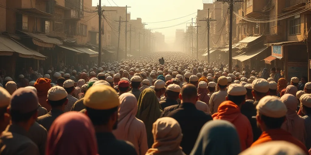 a large group of people walking down a street with bags on their heads and a crowd of people walking