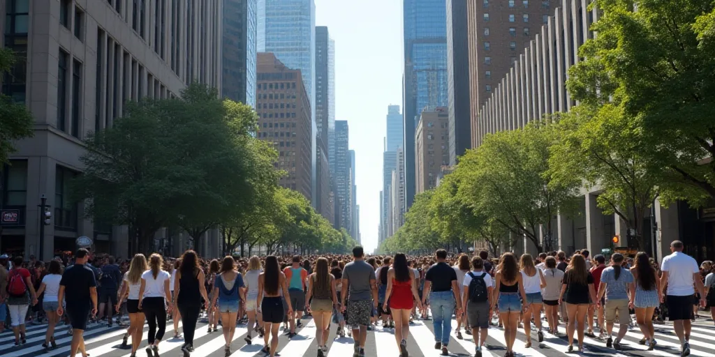 a large group of people walking across a street in a city with tall buildings and tall buildings in