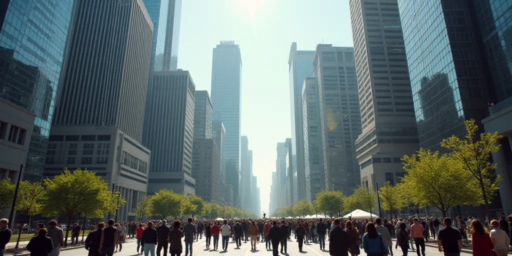 a large group of people walking across a street in a city with tall buildings and tall buildings in