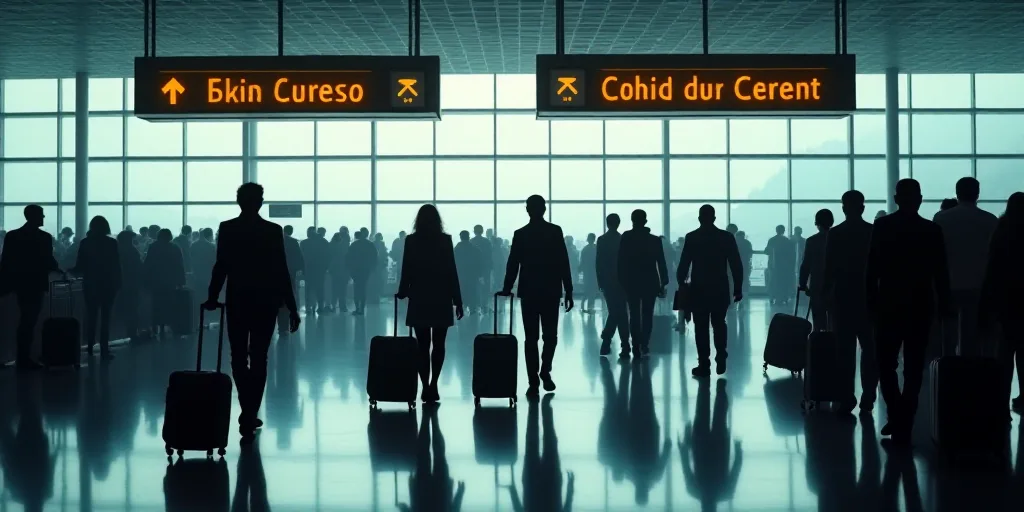 a large group of people with luggage at an airport terminal with signs and signs above them that say