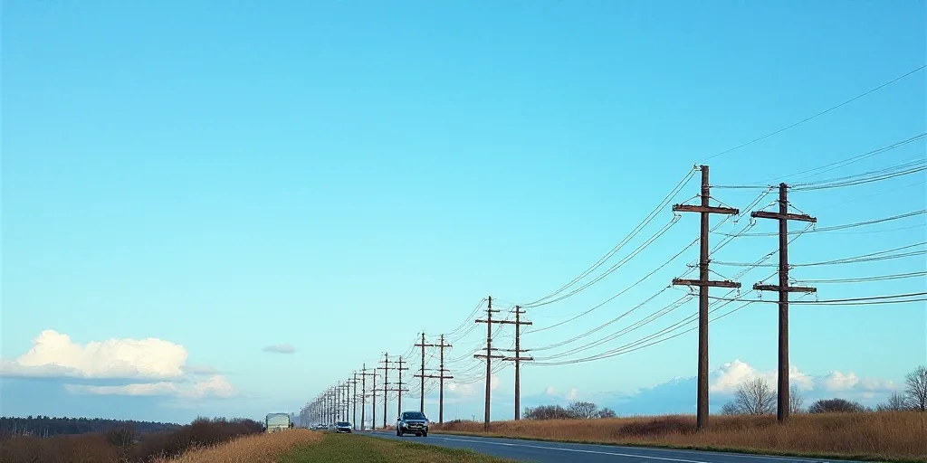a large group of power lines and poles against a blue sky with a few clouds in the background and a