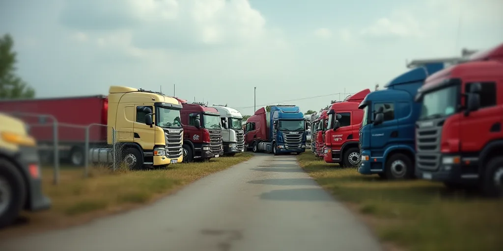 a large group of trucks parked in a lot next to each other on a fenced in area with a metal fence, C