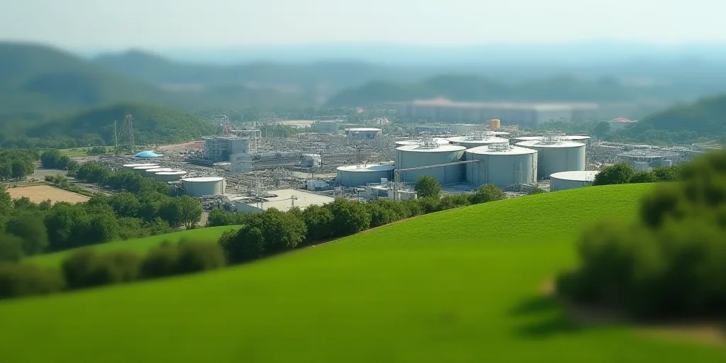 a large industrial area with a lot of tanks and trees in the background and a green field in the for