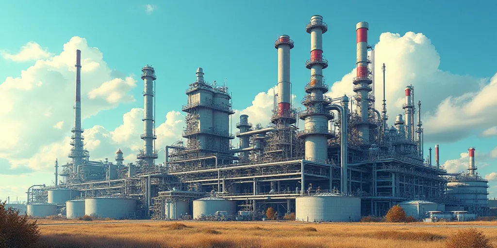 a large industrial plant with a lot of pipes and tanks on it's sides and a sky background, Dahlov Ip