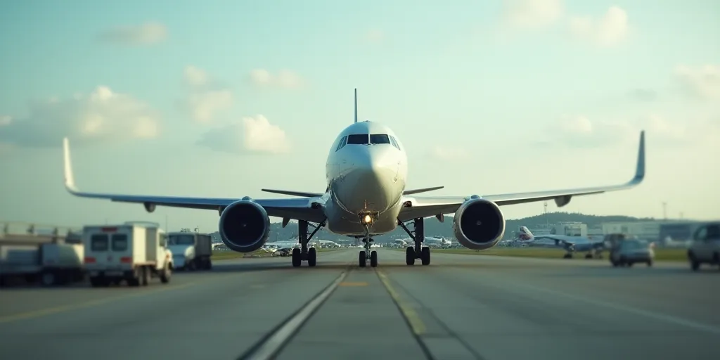 a large jetliner sitting on top of an airport tarmac next to a runway filled with trucks and planes,