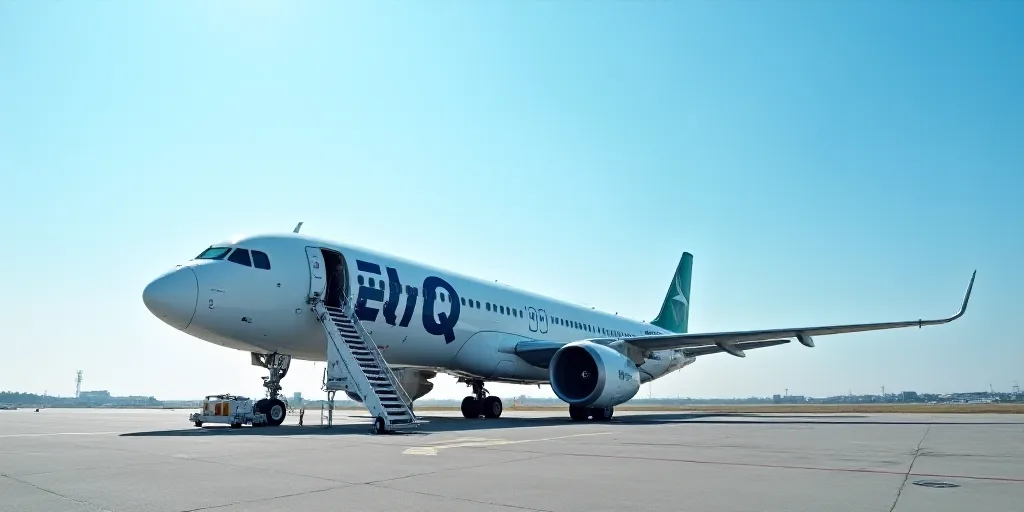 a large jetliner sitting on top of an airport tarmac with a ladder leading up to it's door, Ei-Q, bl
