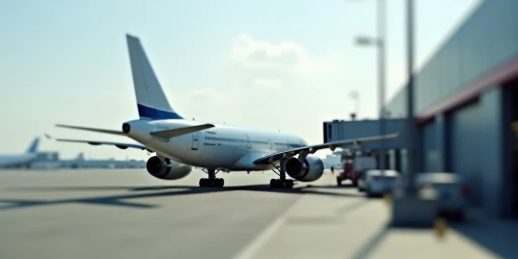 a large jetliner sitting on top of an airport tarmac next to a loading dock and a loading area, Aní