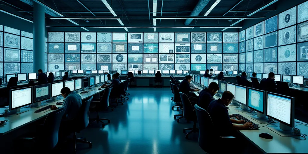 a large office with a lot of desks and monitors on the wall and people working on computers in the m
