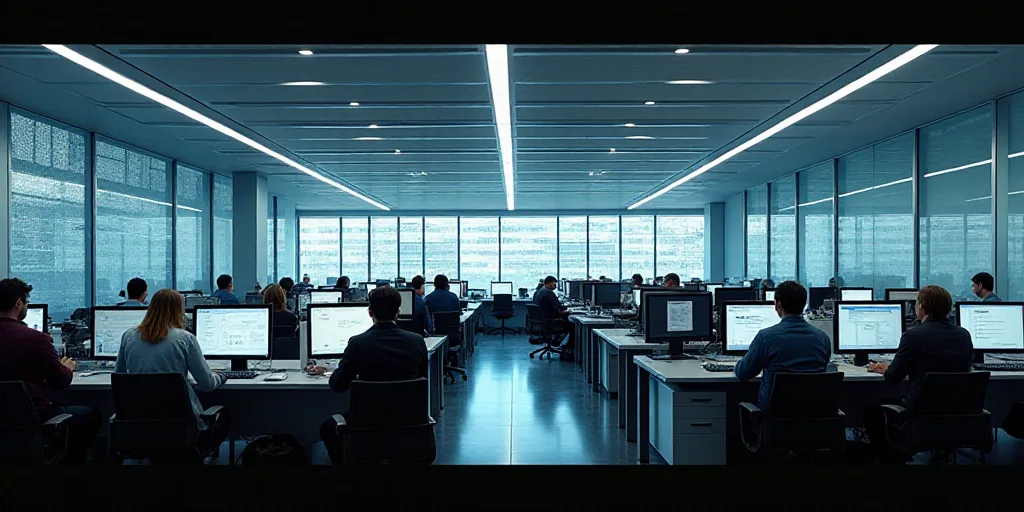 a large office with a lot of desks and monitors on the wall and people working on computers in the m