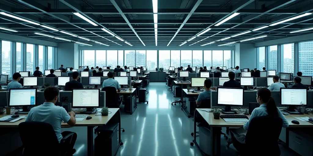 a large office with a lot of desks and monitors on the wall and people working on computers in the m