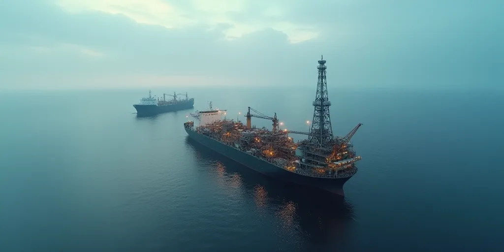 a large oil refinery in the middle of the ocean with a large ship in the background and a large oil