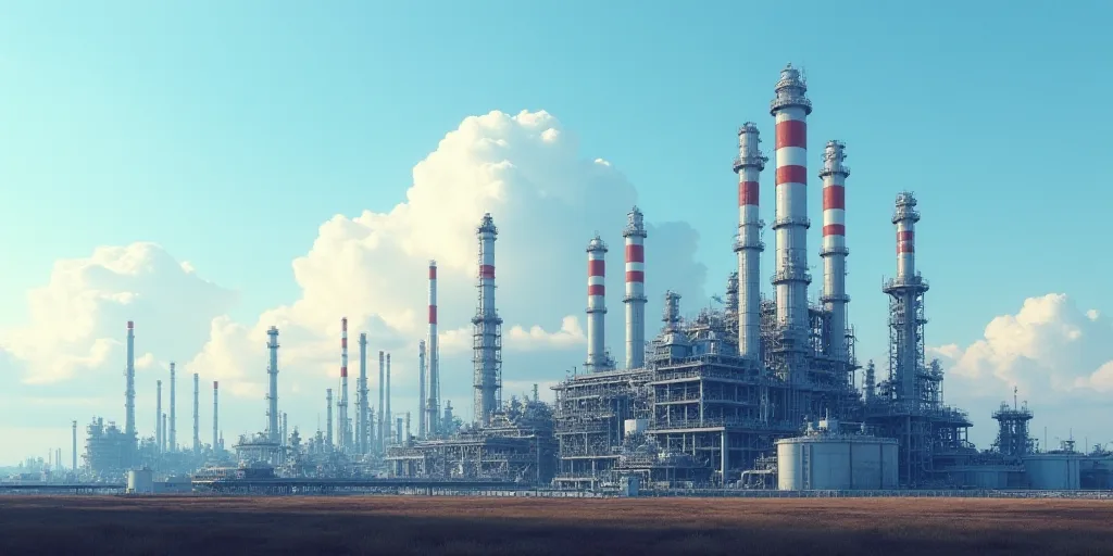 a large oil refinery with a sky background and a few clouds in the sky above it, and a few buildings