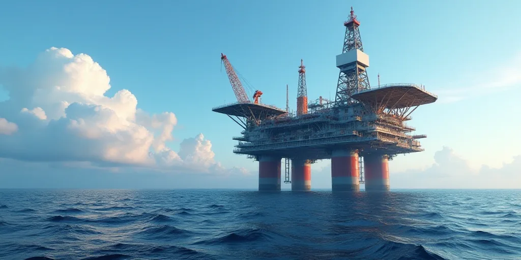 a large oil rig in the middle of the ocean with a sky background and clouds in the background,, Alma