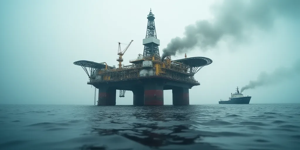 a large oil rig in the middle of the ocean with a boat in the background and smoke coming out of it,