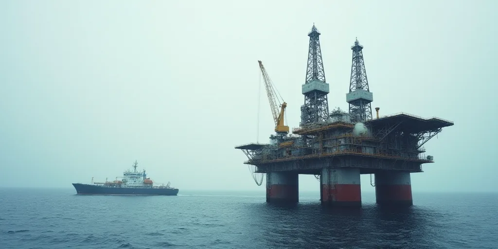 a large oil rig sitting on top of a large body of water next to a boat in the ocean, Andreas Gursky,
