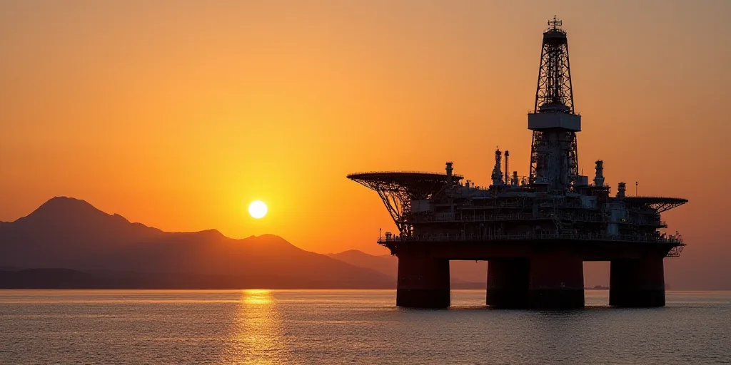 a large oil rig sitting on top of a large body of water at sunset with a mountain in the background,