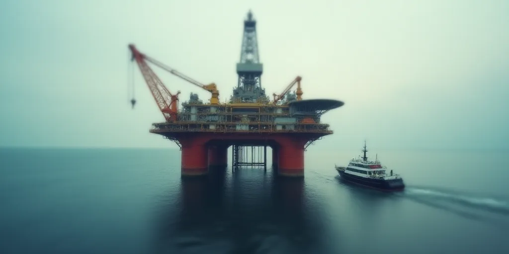 a large oil rig sitting on top of a large body of water next to a boat in the ocean, Bascove, oil, a