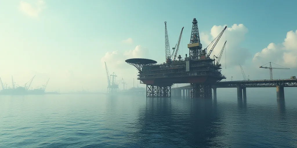 a large oil rig sitting on top of a large body of water next to a bridge over water with lots of cra