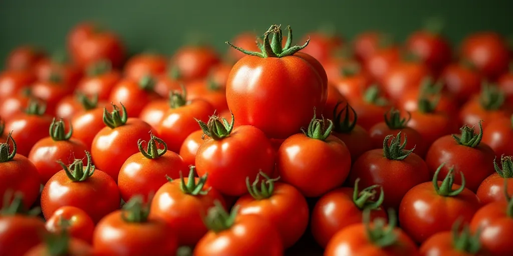 a large pile of tomatoes with green stems on them and one tomato on the top of the pile, with a few