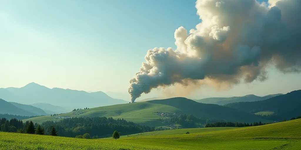 a large plume of smoke billowing from a hill side area with a green field below it and a hill in the