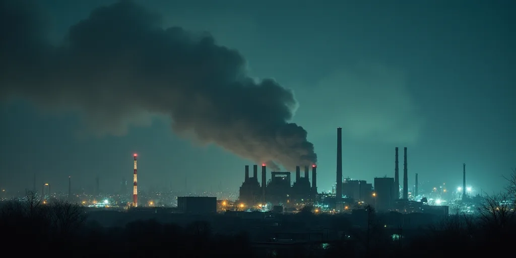 a large plume of smoke billows from a factory building at night time with a city in the background,
