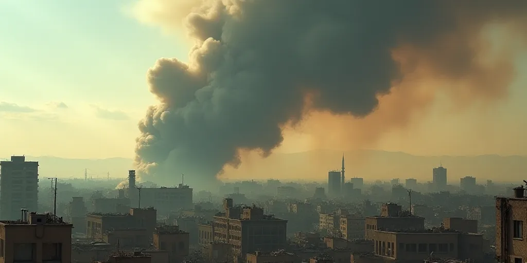 a large plume of smoke billows from a building in the city of a city with buildings in the backgroun