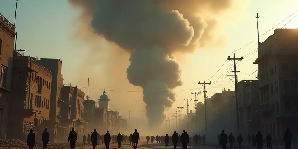 a large plume of smoke is billowing out of a building in a city with people walking around it, Bouch