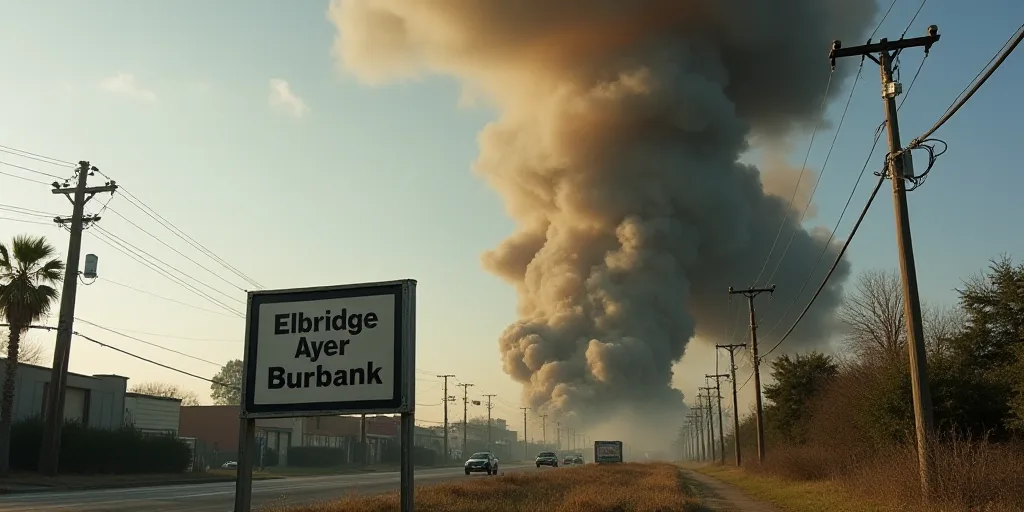 a large plume of smoke is coming out of a building in the city, with a sign in the foreground, Elbri