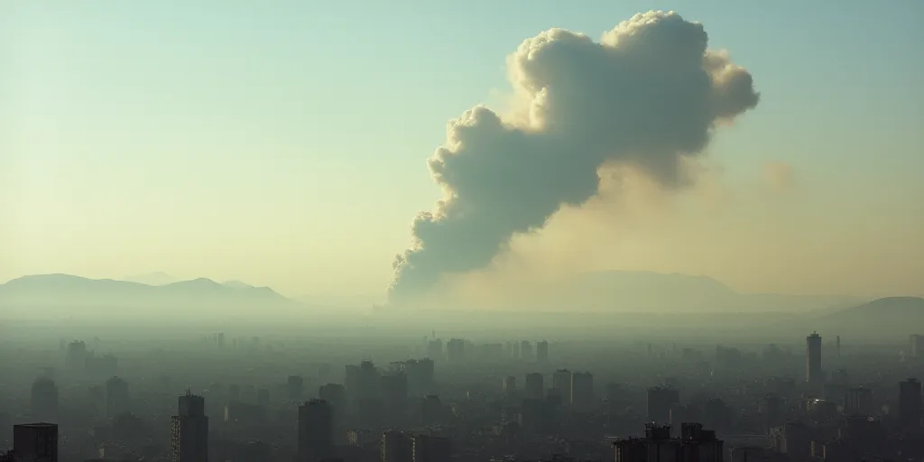a large plume of smoke is seen in the distance from a city in the distance, with a hill in the backg