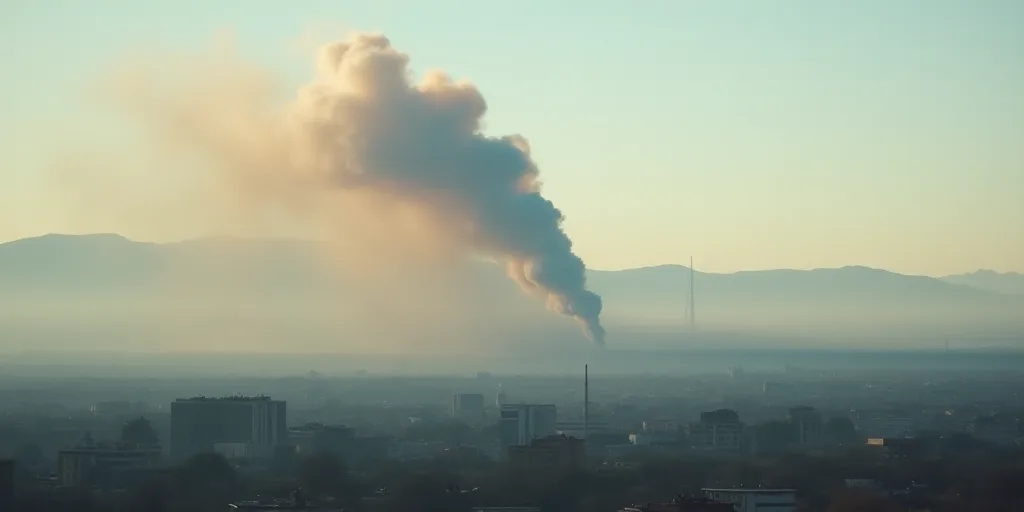 a large plume of smoke is seen in the distance from a city in the distance, with a hill in the backg