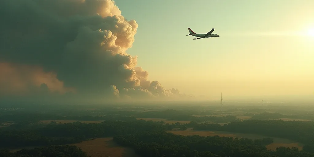 a large plume of smoke is seen from an airplane as it flies over a field and forest area in the dist