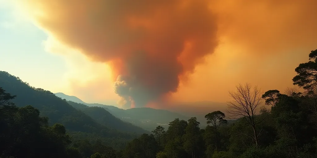 a large plume of smoke rising from a forest fire in the distance with trees in the foreground and a