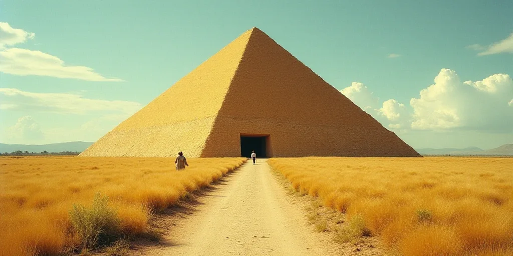 a large pyramid in a field with a sky background and a path leading to it and a person standing in t