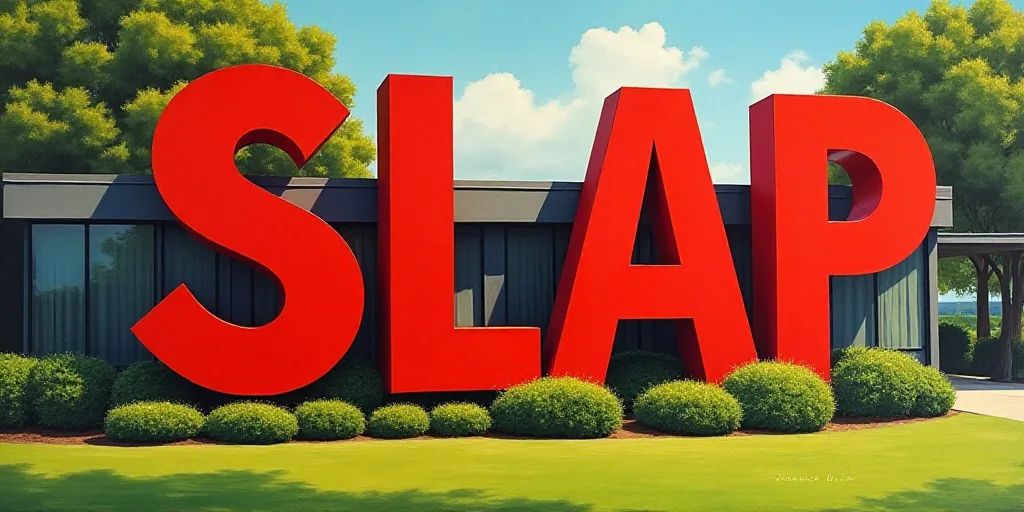a large red sign that says slap in front of a building with trees and bushes in the background and a