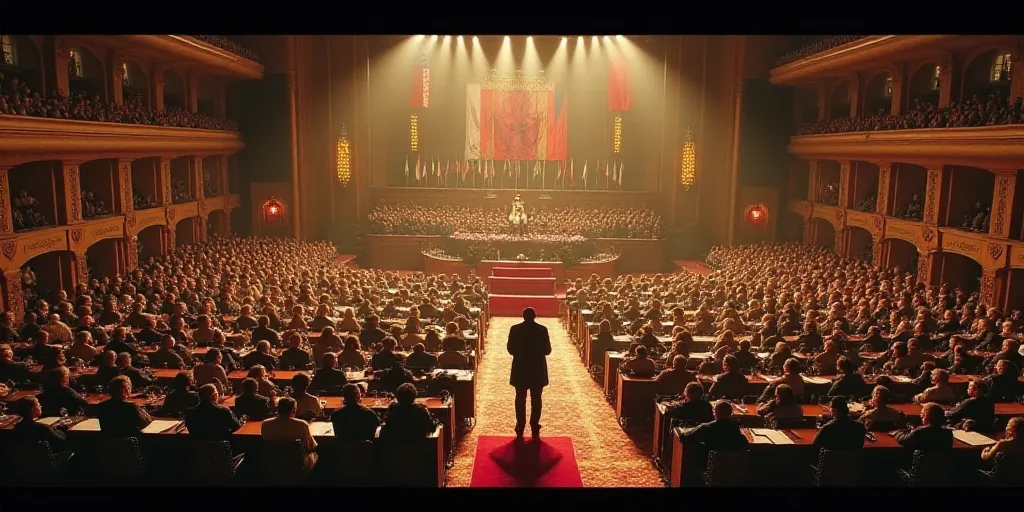 a large room filled with lots of people sitting at tables and standing in front of a podium with fla