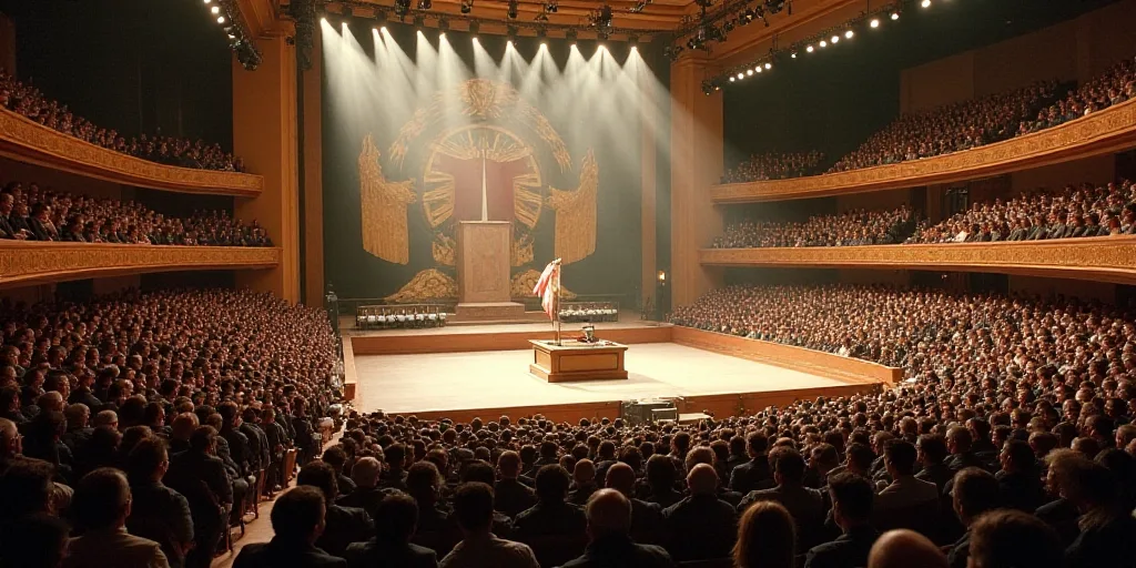 a large room filled with people and a podium with a flag on it's side and a stage with a podium in t