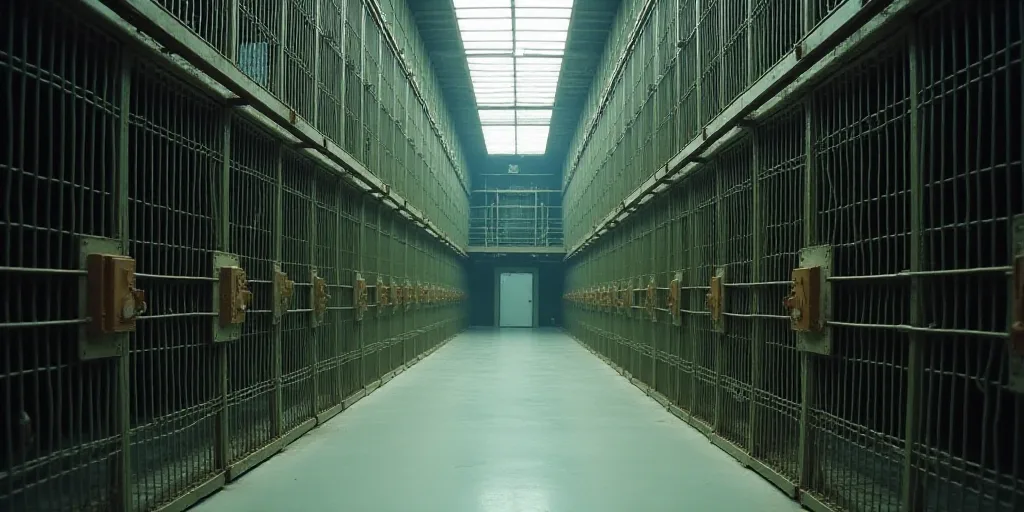 a large room with a bunch of metal cages in it's walls and a door leading to another room, Ai Weiwei