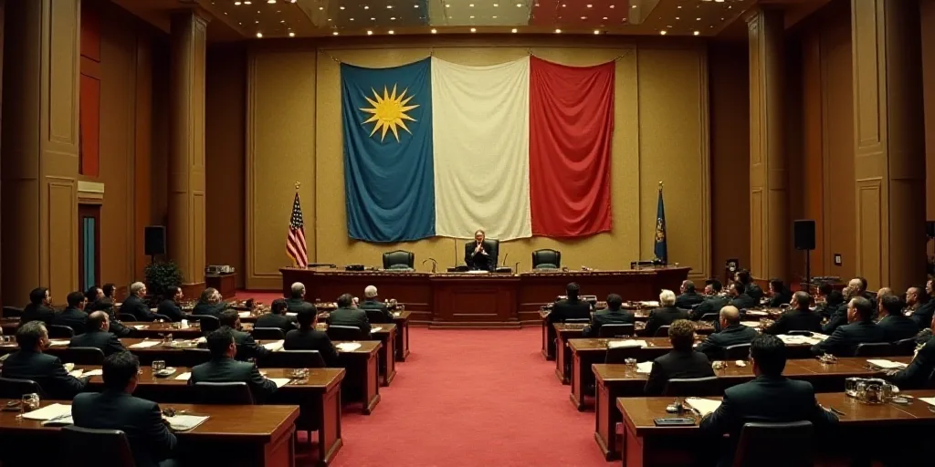 a large room with a bunch of people sitting at tables in it and a flag on the wall behind the desk,