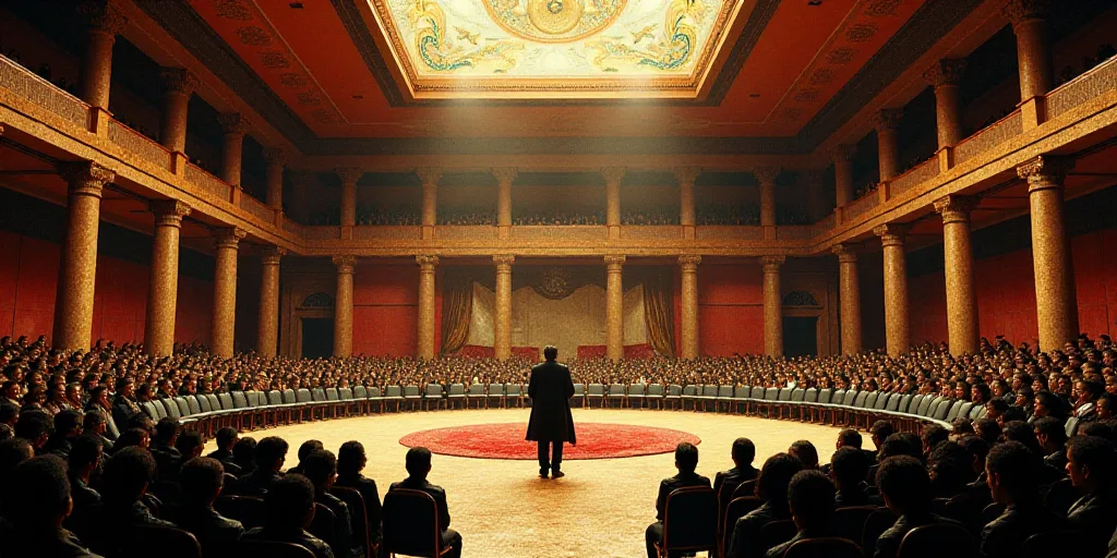 a large room with a lot of people in it and a speaker in the center of the room with a lot of chairs
